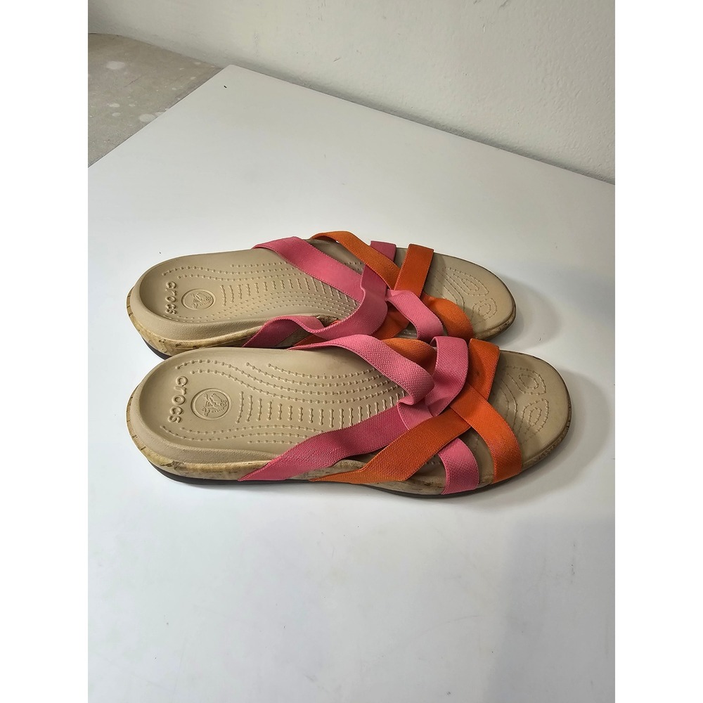 Crocs A-Leigh Slide Sandals Womens 10 Pink Orange Elastic Strappy Cork Midsole
